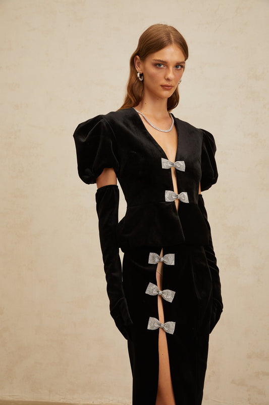Adèle Black Bowknot Cut-Out Velvet Top and Midi Skirt Set