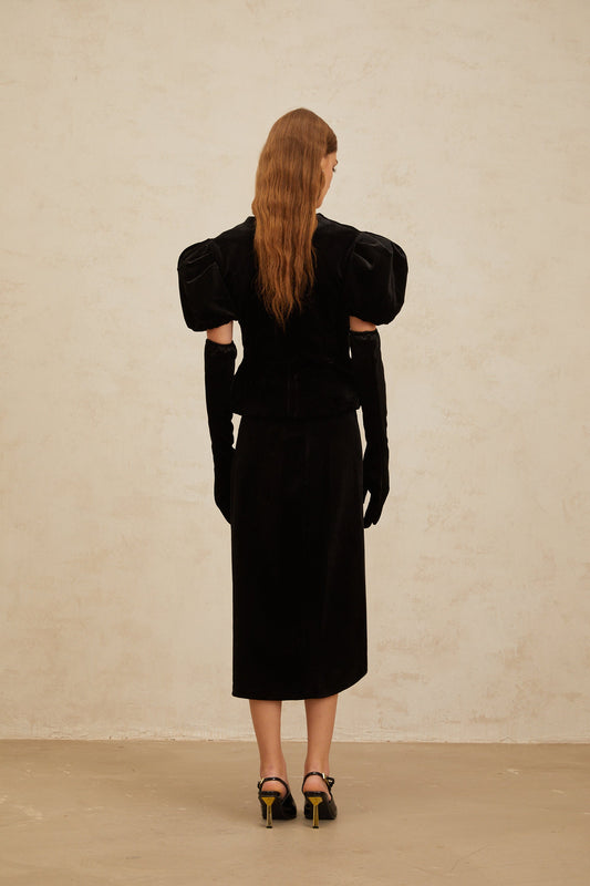 Adèle Black Bowknot Cut-Out Velvet Top and Midi Skirt Set