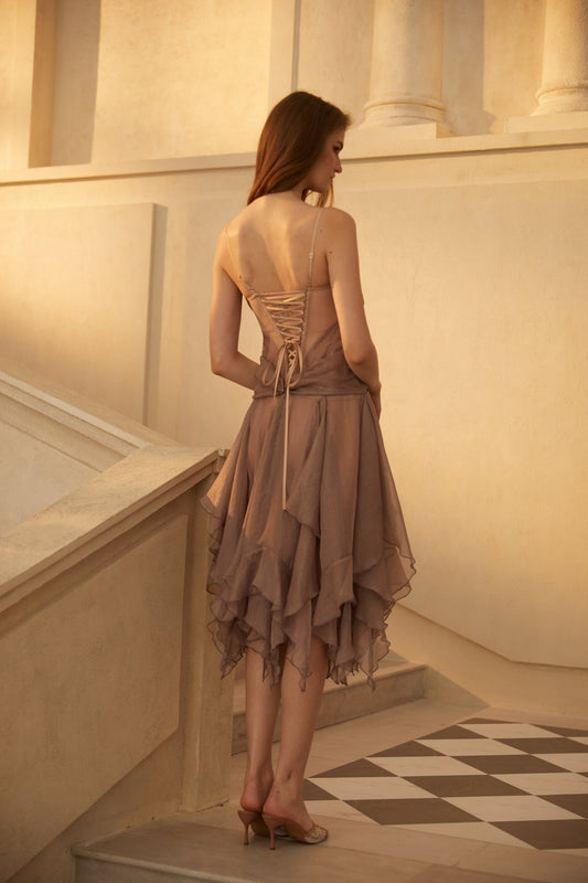 MRNewyork Pétunia Grey Layered Ruffled Midi Dress With Sweetheart Neckline