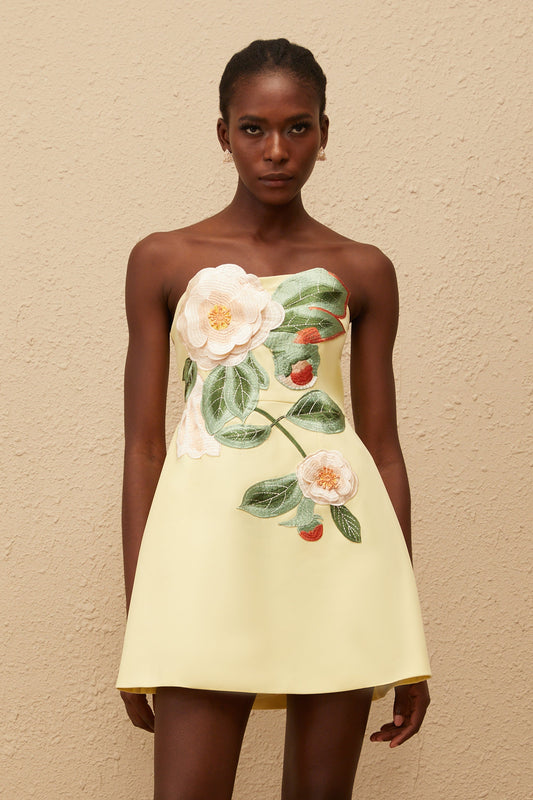 Abigail Yellow Floral Embroidered Off Shoulder A-Line Mini Dress