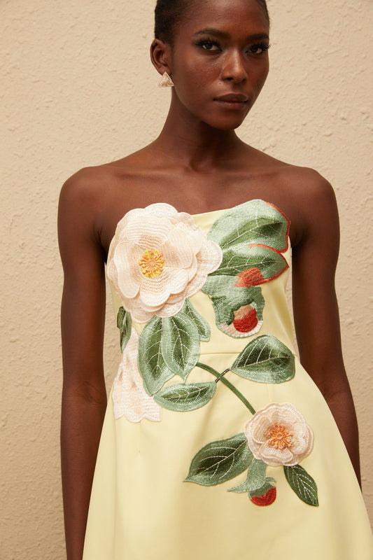 Abigail Yellow Floral Embroidered Off Shoulder A-Line Mini Dress