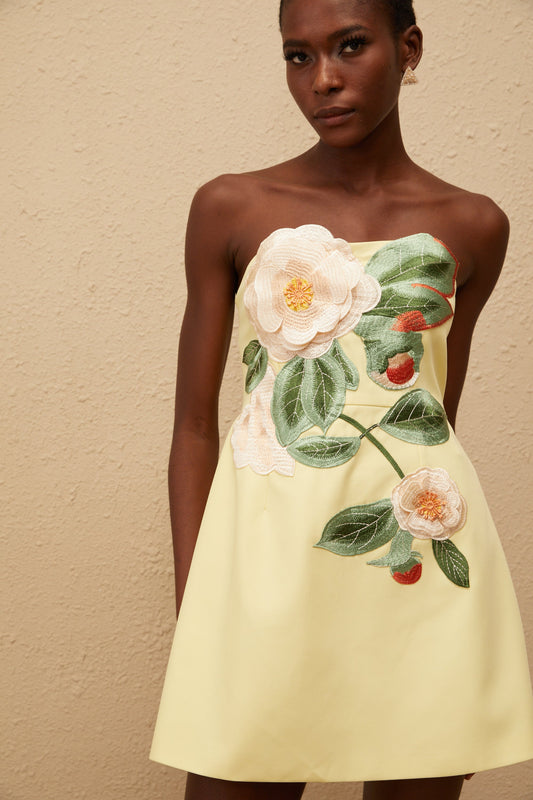 Abigail Yellow Floral Embroidered Off Shoulder A-Line Mini Dress