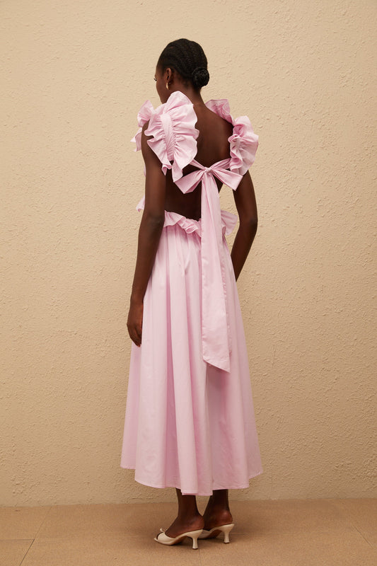 Adélaïde Pink Open Back Maxi Dress with Ruffled Cap Sleeves
