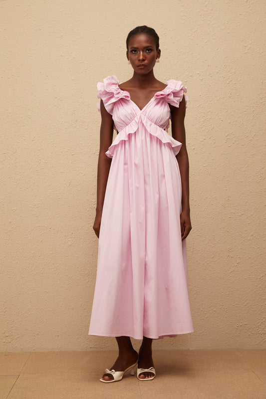 Adélaïde Pink Open Back Maxi Dress with Ruffled Cap Sleeves