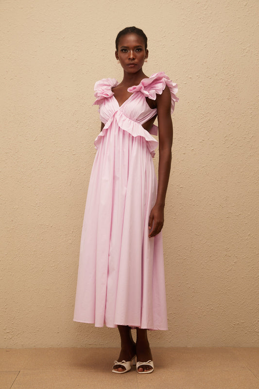 Adélaïde Pink Open Back Maxi Dress with Ruffled Cap Sleeves