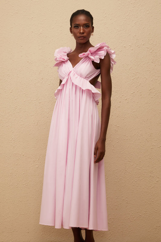 Adélaïde Pink Open Back Maxi Dress with Ruffled Cap Sleeves