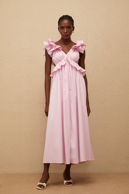 Adélaïde Pink Open Back Maxi Dress with Ruffled Cap Sleeves