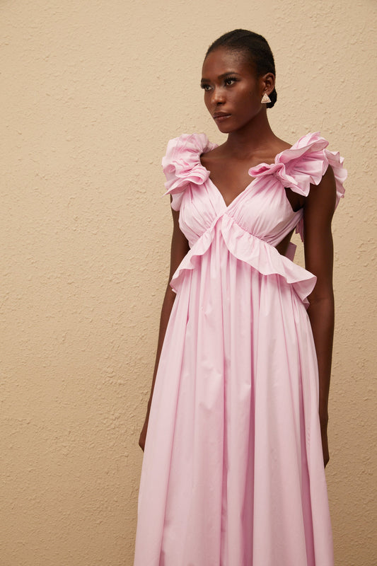 Adélaïde Pink Open Back Maxi Dress with Ruffled Cap Sleeves