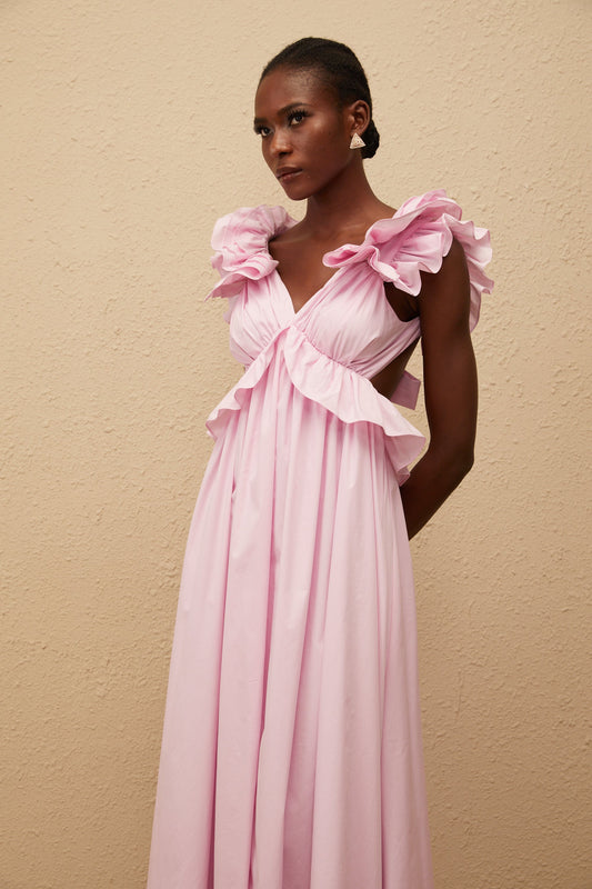 Adélaïde Pink Open Back Maxi Dress with Ruffled Cap Sleeves