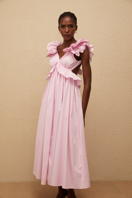 Adélaïde Pink Open Back Maxi Dress with Ruffled Cap Sleeves