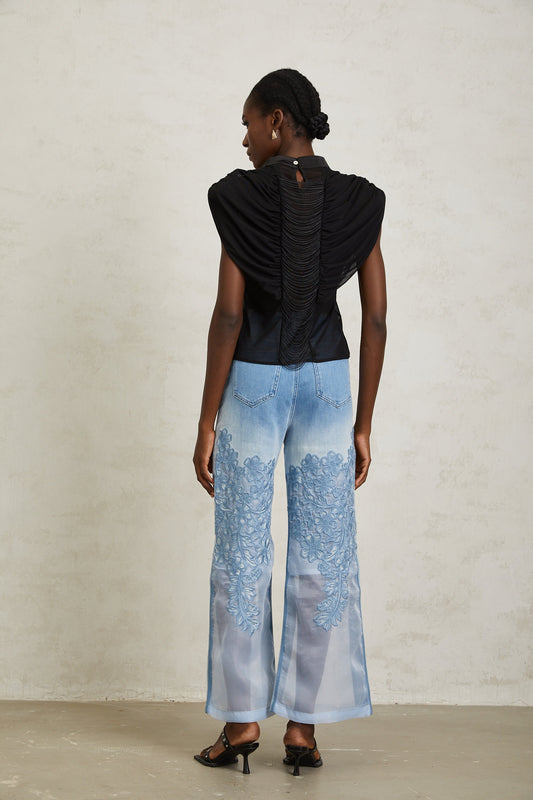 Zazie Black Fringed Ruched Tulle Mock Neck Top