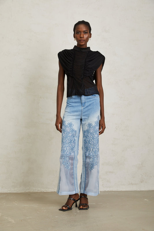 Zazie Black Fringed Ruched Tulle Mock Neck Top