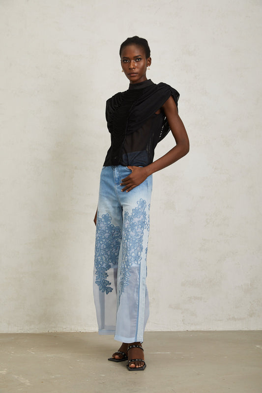 Zazie Black Fringed Ruched Tulle Mock Neck Top