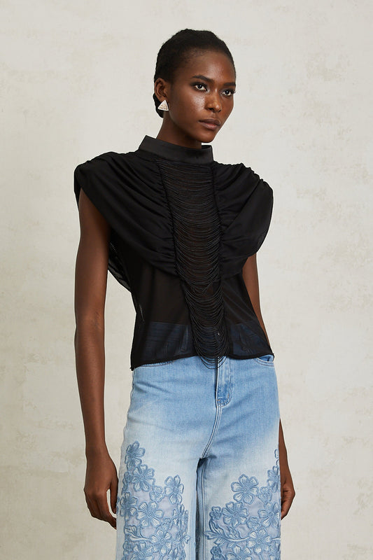 Zazie Black Fringed Ruched Tulle Mock Neck Top