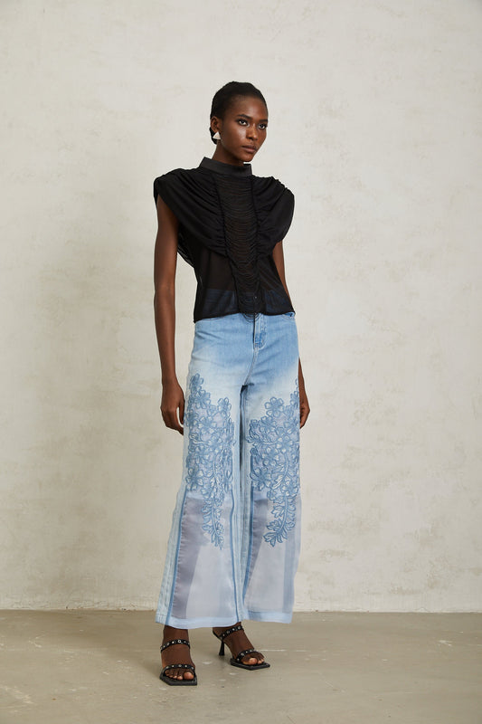 Zazie Black Fringed Ruched Tulle Mock Neck Top