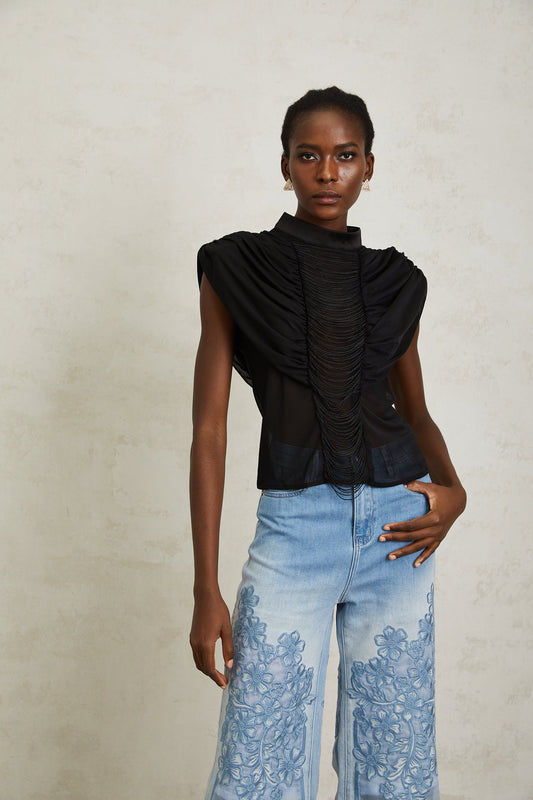 Zazie Black Fringed Ruched Tulle Mock Neck Top