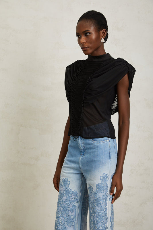 Zazie Black Fringed Ruched Tulle Mock Neck Top