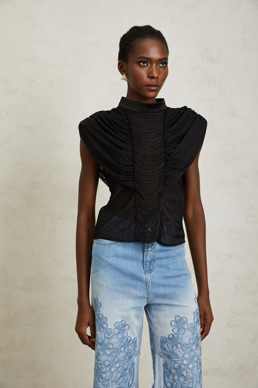 Zazie Black Fringed Ruched Tulle Mock Neck Top