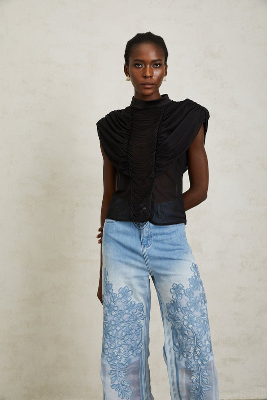 Zazie Black Fringed Ruched Tulle Mock Neck Top