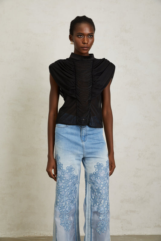 Zazie Black Fringed Ruched Tulle Mock Neck Top