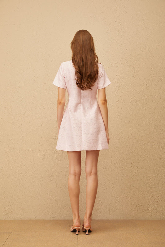 Cléophée Pink Bowknot Sequined Tweed Mini Dress with Crystal Pin