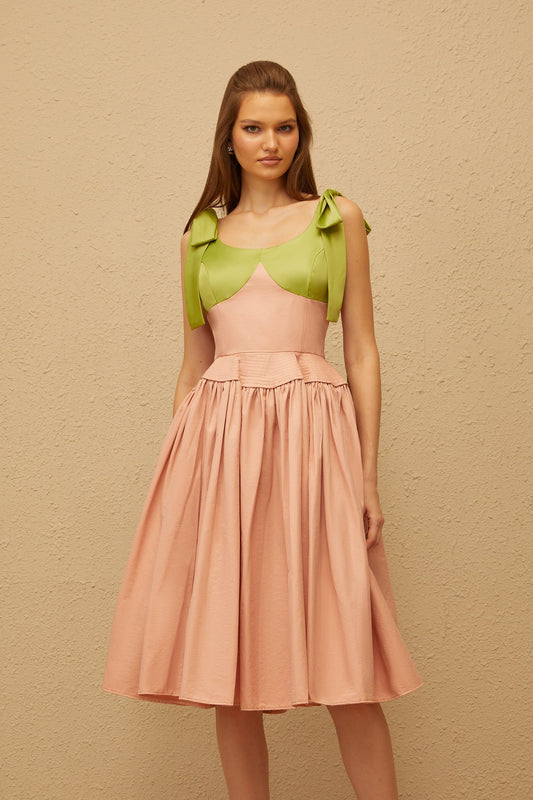 Abrielle Pink Satin Bowknot Strap Color Block Midi Dress