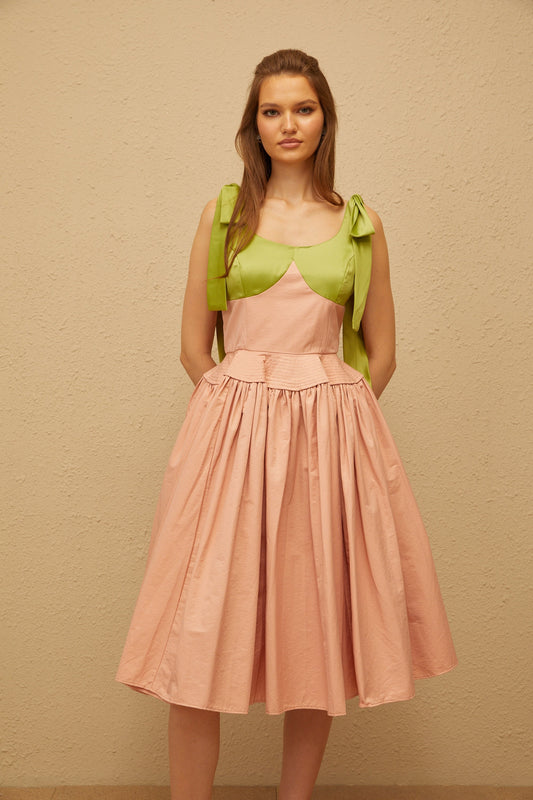 Abrielle Pink Satin Bowknot Strap Color Block Midi Dress