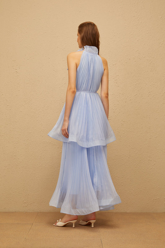 Zélie Blue Flounced Pleated Maxi Dress with Halterneck Tied Waist