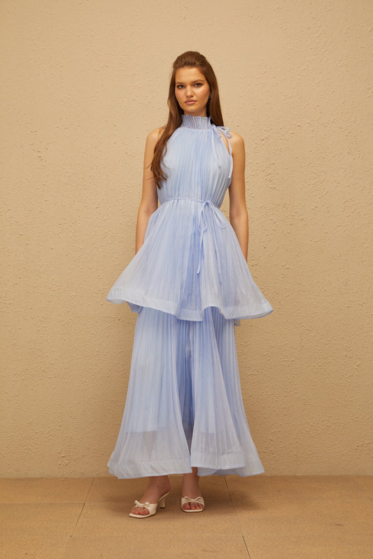 Zélie Blue Flounced Pleated Maxi Dress with Halterneck Tied Waist