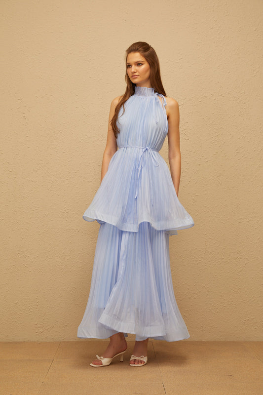 Zélie Blue Flounced Pleated Maxi Dress with Halterneck Tied Waist