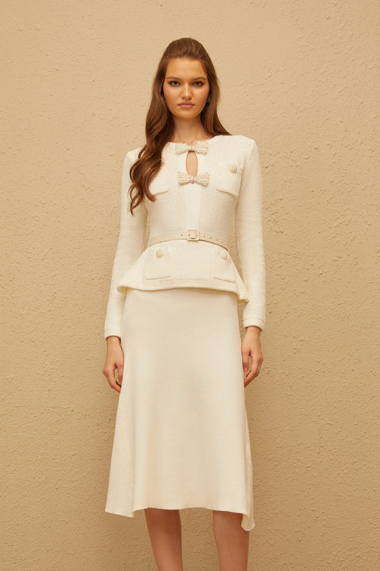 Adélade White Embellished Knit Midi Dress with Sequin Bows