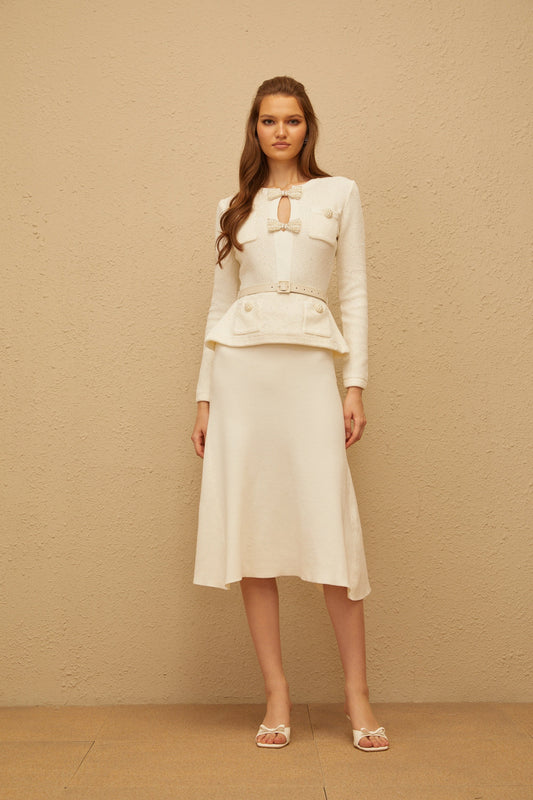 Adélade White Embellished Knit Midi Dress with Sequin Bows