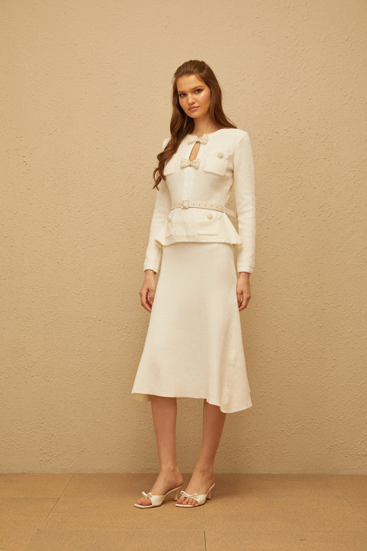 Adélade White Embellished Knit Midi Dress with Sequin Bows