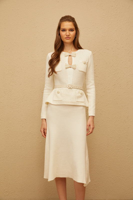 Adélade White Embellished Knit Midi Dress with Sequin Bows