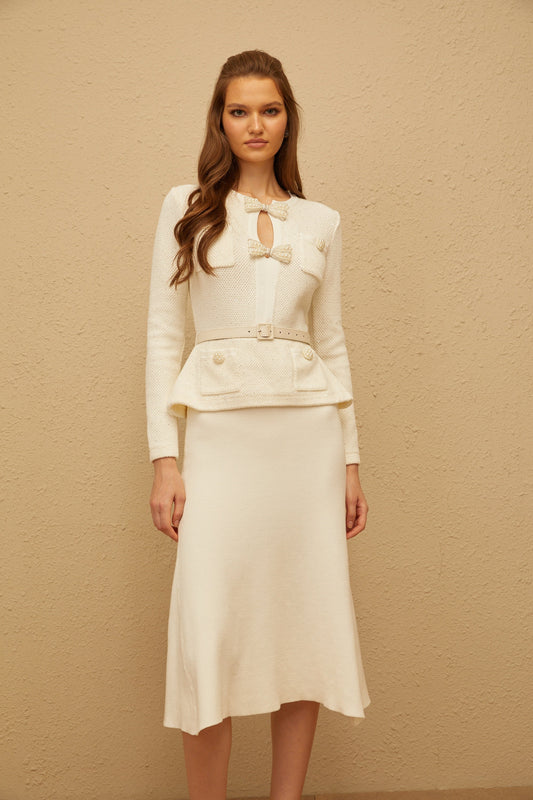 Adélade White Embellished Knit Midi Dress with Sequin Bows