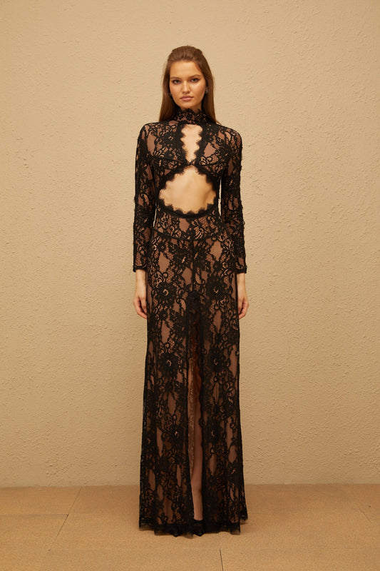 Kenza Black Floral Lace Cut Out Maxi Dress with High Slit