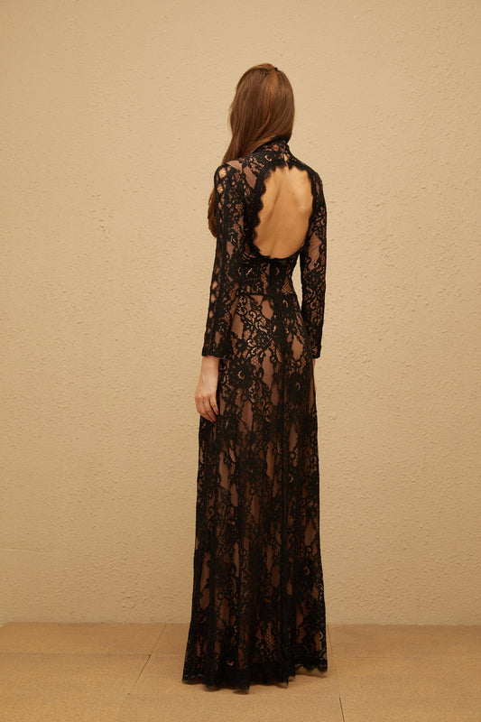 Kenza Black Floral Lace Cut Out Maxi Dress with High Slit