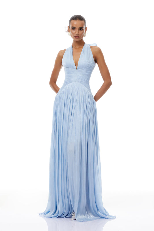 Elegant Térébenthine Blue Glossy Gathered Maxi Dress with Plunging V-Neck