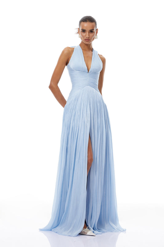 Elegant Térébenthine Blue Glossy Gathered Maxi Dress with Plunging V-Neck