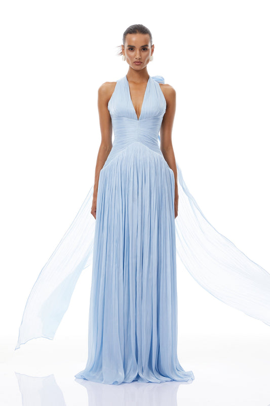 Elegant Térébenthine Blue Glossy Gathered Maxi Dress with Plunging V-Neck