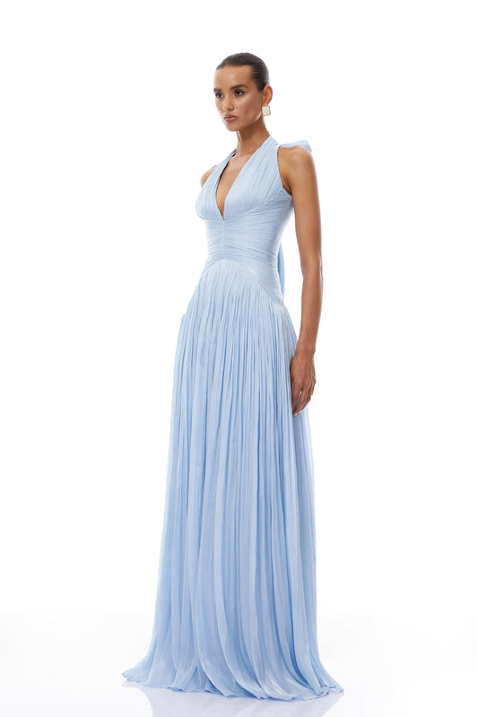 Elegant Térébenthine Blue Glossy Gathered Maxi Dress with Plunging V-Neck