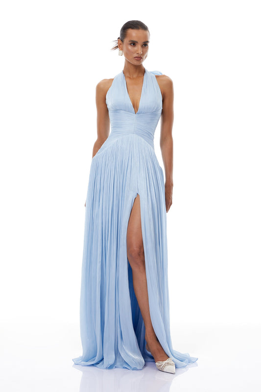 Elegant Térébenthine Blue Glossy Gathered Maxi Dress with Plunging V-Neck