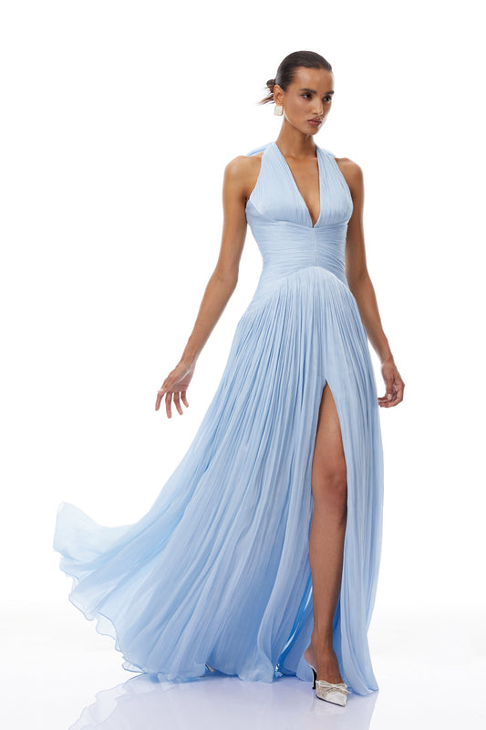 Elegant Térébenthine Blue Glossy Gathered Maxi Dress with Plunging V-Neck