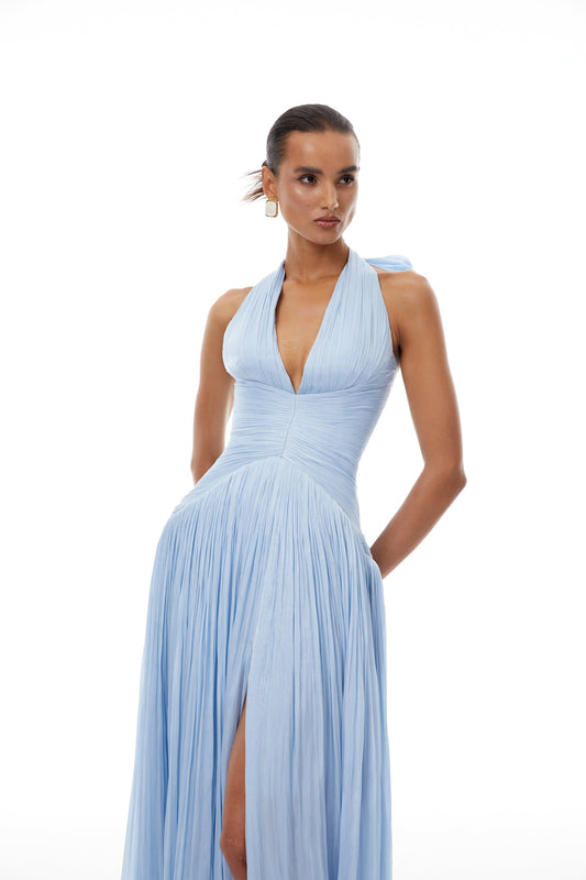 Elegant Térébenthine Blue Glossy Gathered Maxi Dress with Plunging V-Neck
