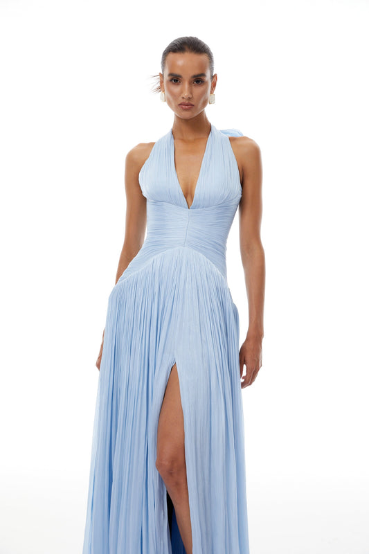 Elegant Térébenthine Blue Glossy Gathered Maxi Dress with Plunging V-Neck