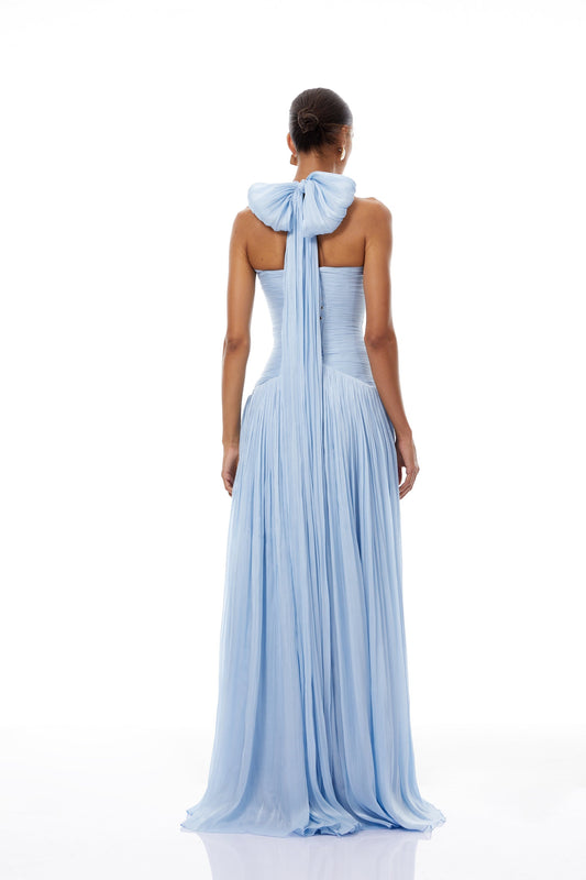Elegant Térébenthine Blue Glossy Gathered Maxi Dress with Plunging V-Neck