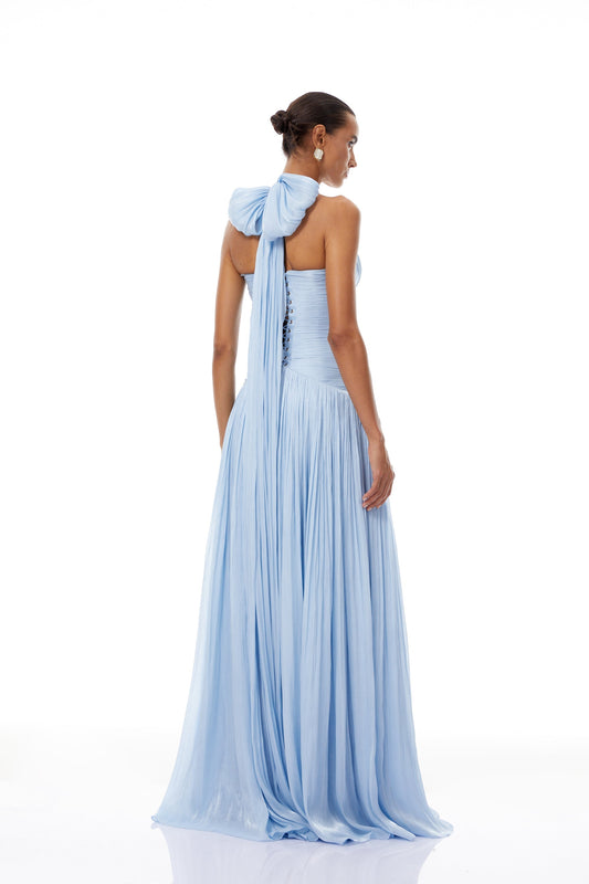 Elegant Térébenthine Blue Glossy Gathered Maxi Dress with Plunging V-Neck