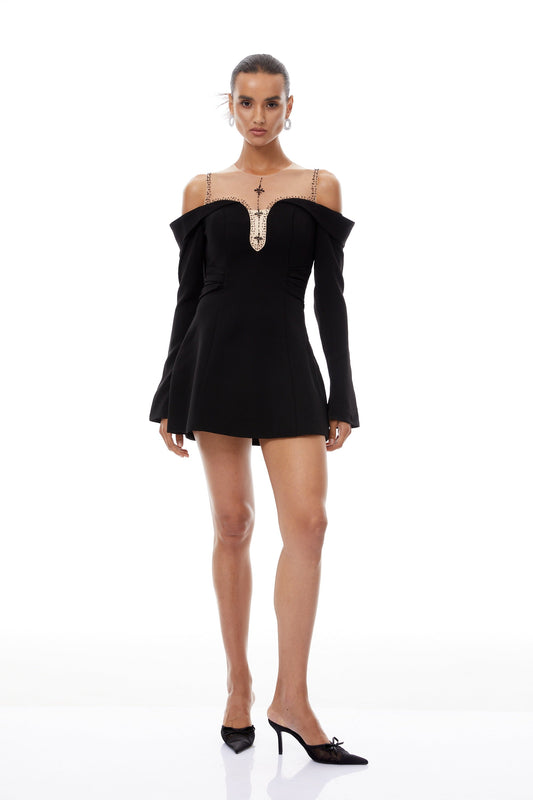 Abrielle Black Cold Shoulder Mini Dress with Studded Tulle Panels