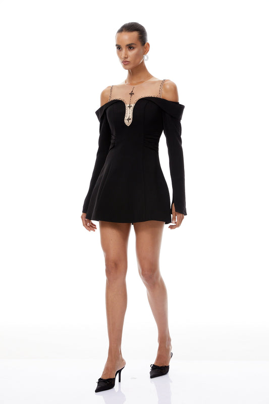 Abrielle Black Cold Shoulder Mini Dress with Studded Tulle Panels
