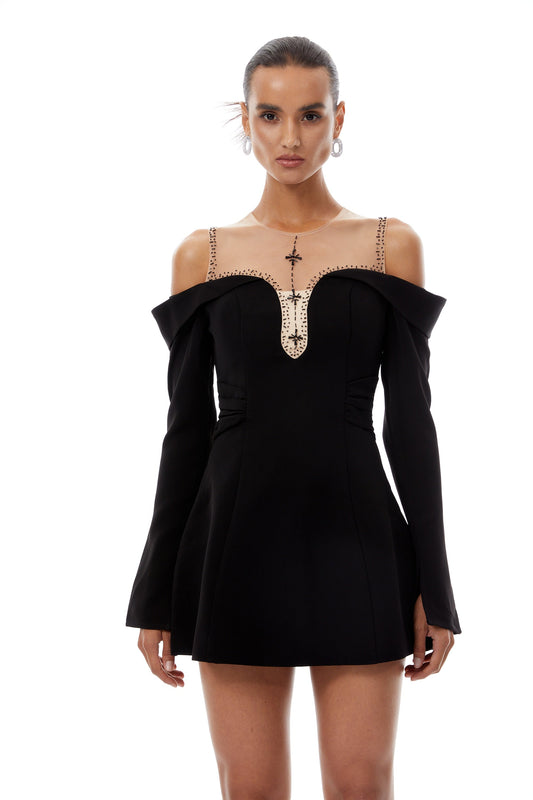 Abrielle Black Cold Shoulder Mini Dress with Studded Tulle Panels